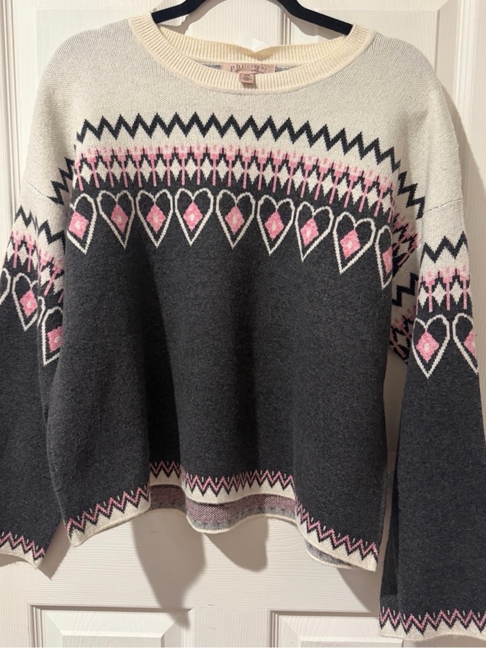 Philosophy Dark Gray, Pink & Cream Heart-Pattern Crewneck Sweater